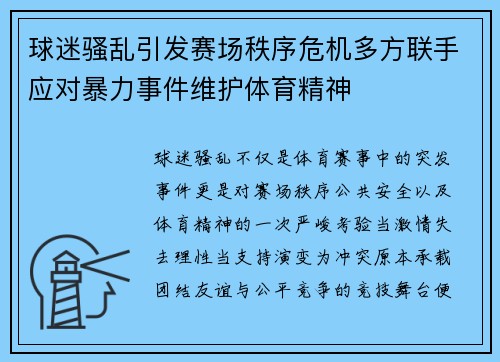 球迷骚乱引发赛场秩序危机多方联手应对暴力事件维护体育精神